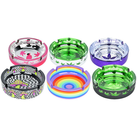 6PC BOX - Trippy Glass or Ceramic Ashtray - 4.25" / Assorted Designs